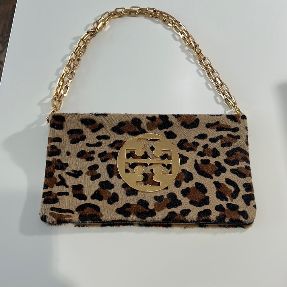 Tory Burch Fold Reva Chain Clutch in Leopard Multi Brown Calf Hair $800 retail
